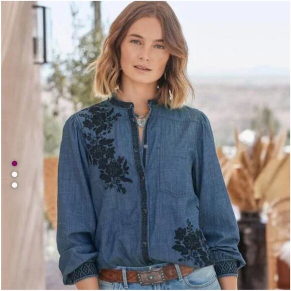 Sundance Blue Denim Blouse with Black Floral Embroidery - Picture 1 of 7